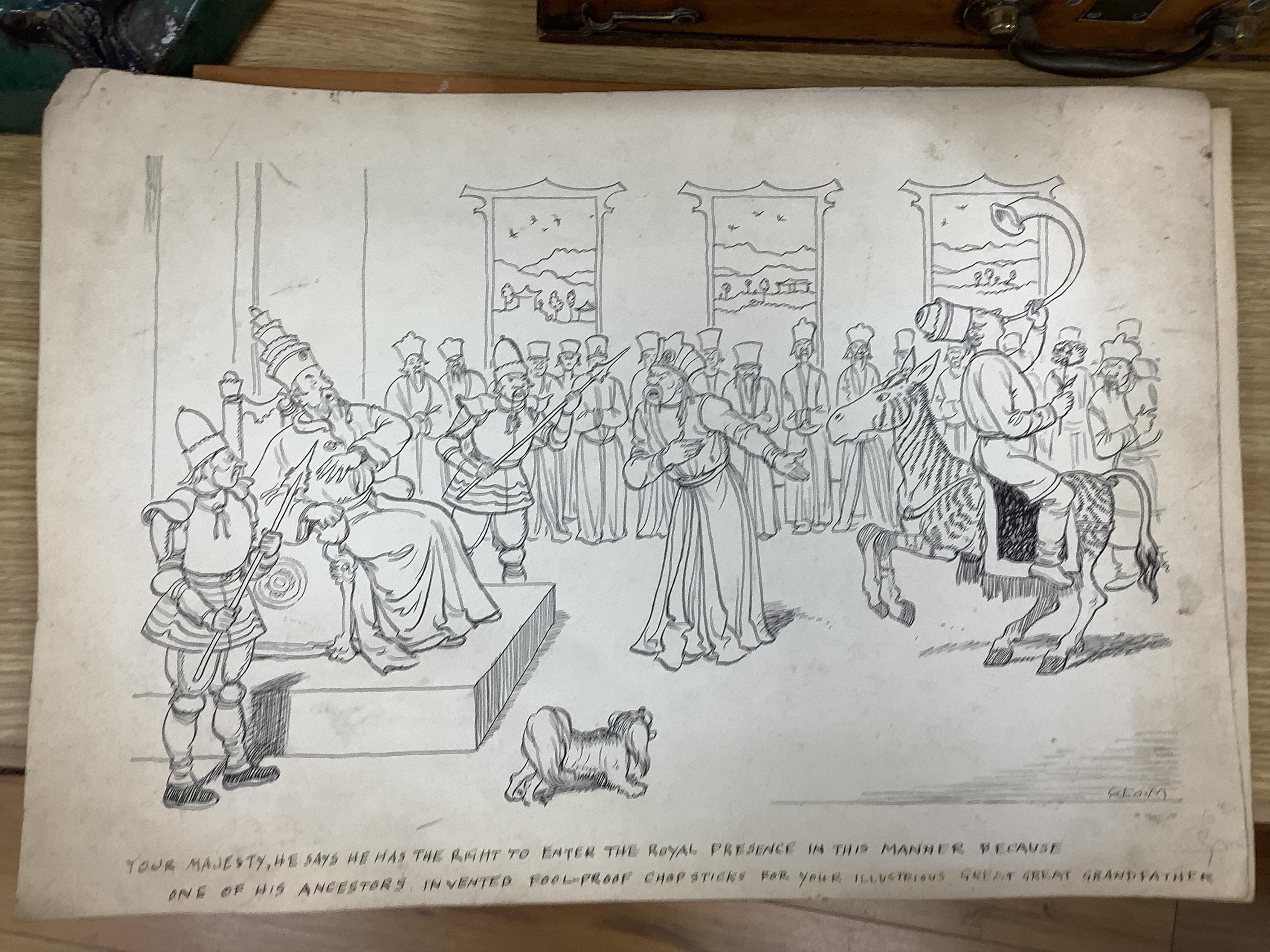 A folio of cartoons, caricatures, cartoons and opera house designs, mostly by Edwin Morrow (Irish) and Norman Morrow, to include 'Caution Weir here', 'The Sublime Good Deed' and 'Bluff at the Garrick', with a collection